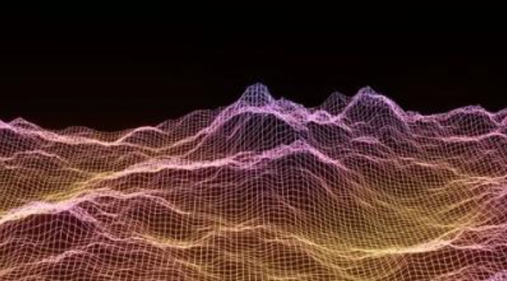 Digital 3D map showing land elevations in purple and orange, depending on height of land mass