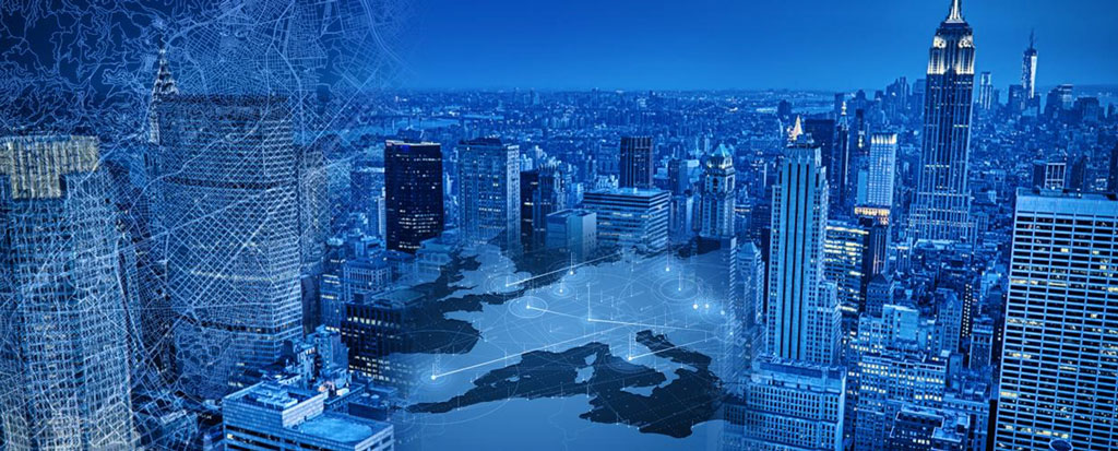 Photo illustration of a city skyline with a map and 3D digital effects incorporated into a blue scene