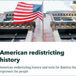 Screenshot of city building facade with American flag waving from an Esri StoryMap: American Redistricting History