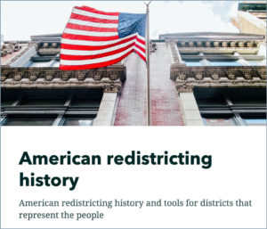 Screenshot of city building facade with American flag waving from an Esri StoryMap: American Redistricting History
