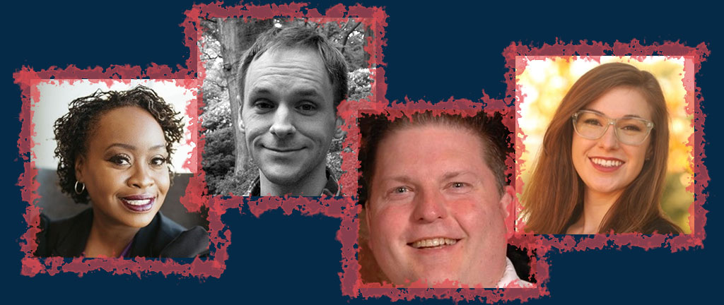 No GIS? No Problem! Opportunities for Geographers with Little or No GIS Skills webinar collage with photos of Angeline Johnson, Mark Treskon, Jonathan Wessell and Meredith Stone