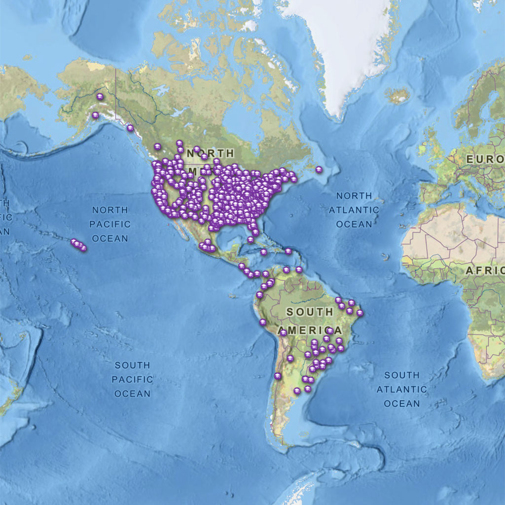 Screenshot of the AAG Guide to Programs and Opportunities interactive map showing locations of geography programs throughout the Americas