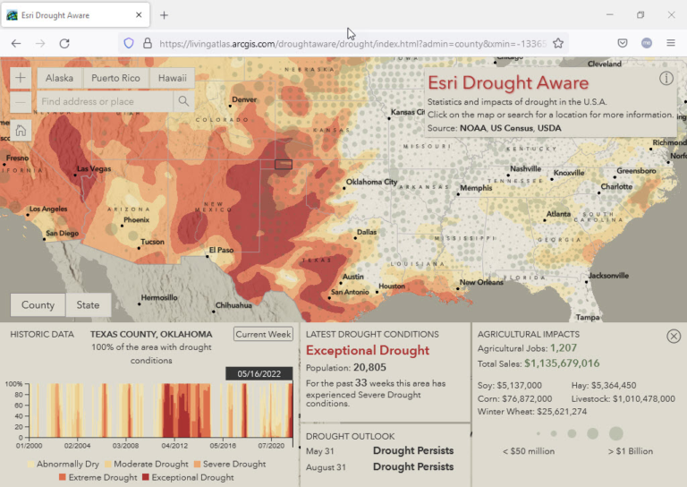 Screenshot of statistics and impacts of drought in the U.S. as mapped in Esri ArcGIS Drought Aware map