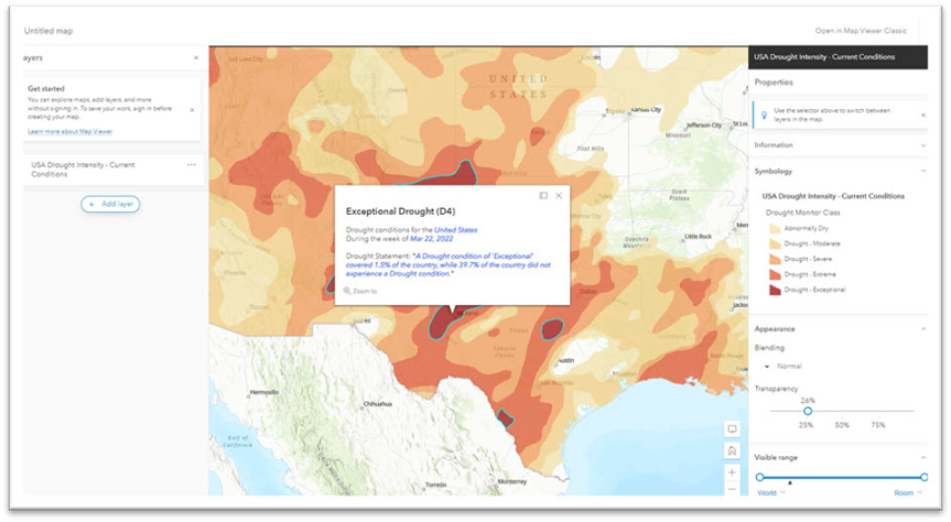 A screenshot of a map of drought intensity in the United States