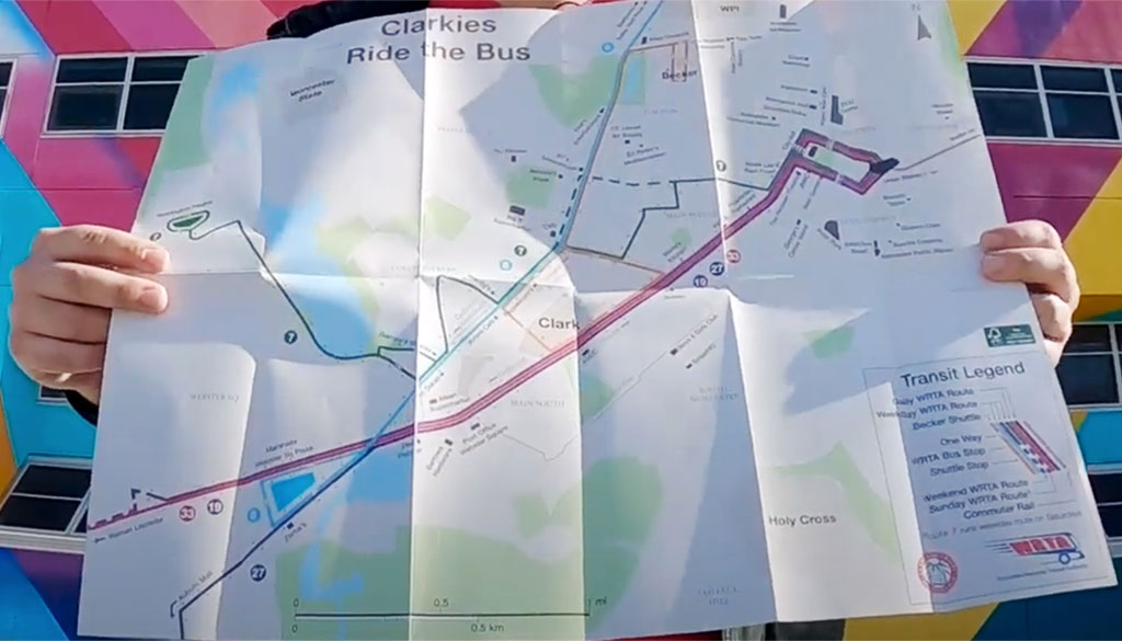 Geography and urban planning Ph.D. student Nick Mellis shows his walking and transit map of Worcester, Mass.