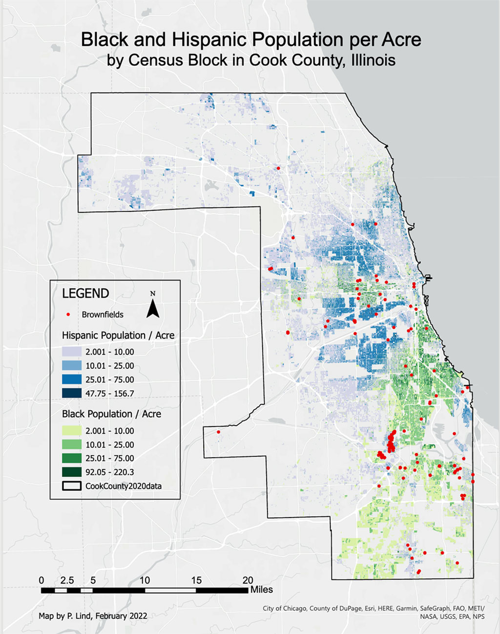 Phoebe Lind's map showing Black and Latino population locations in Cook County, Illinois