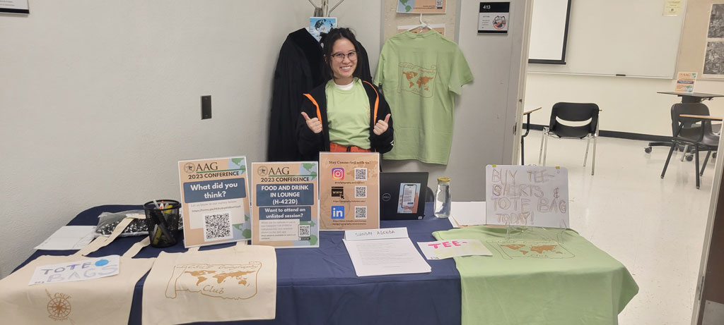 Information and swag for purchase was available at the check-in station during the California State University, Fullerton AAG 2023 node of events.