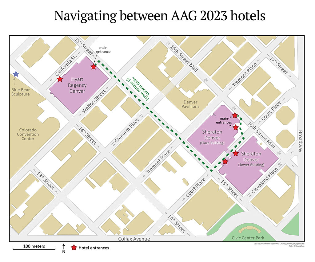 The Sheraton Denver Downtown main entrance is at 1550 Court Place and the Hyatt Regency Denver main entrance is at 650 15th Street with five blocks in between. Take a right turn out of the Sheraton and turn right on 15th Street, then walk four blocks north to the Hyatt entrance, which will be on your left.