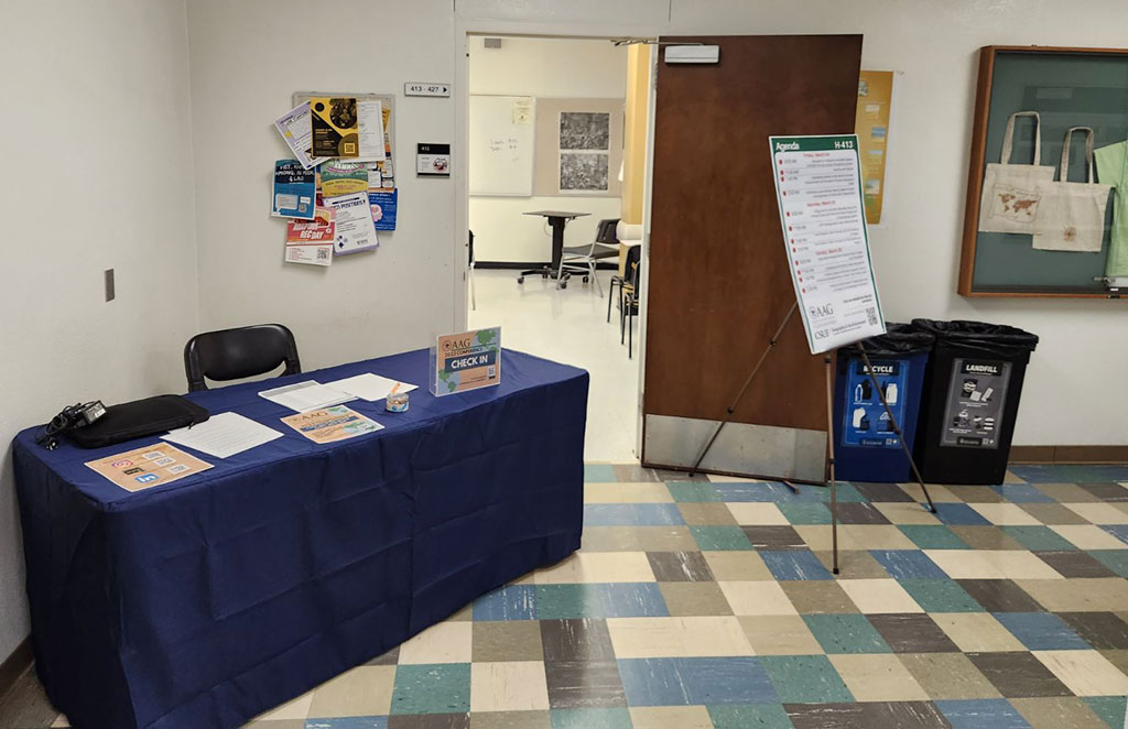 Information and swag for purchase was available at the check-in station during the California State University, Fullerton AAG 2023 node of events.