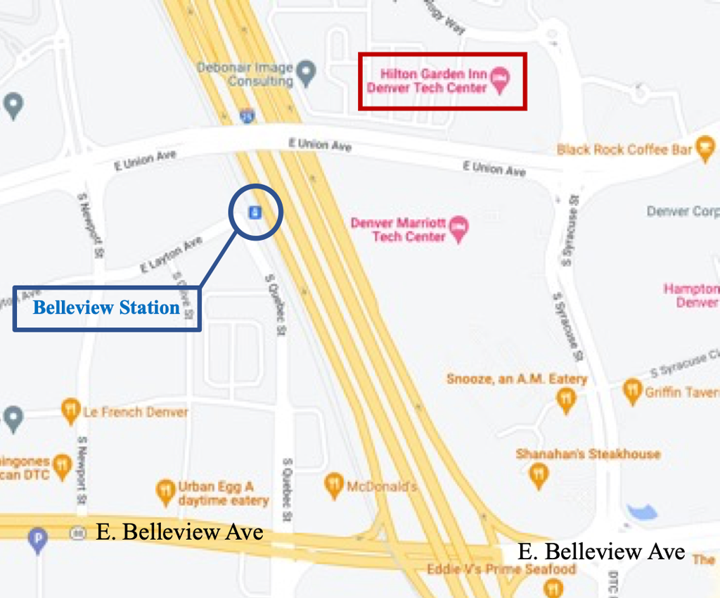 Map of Denver showing Belleview Station and hotels near University of Denver