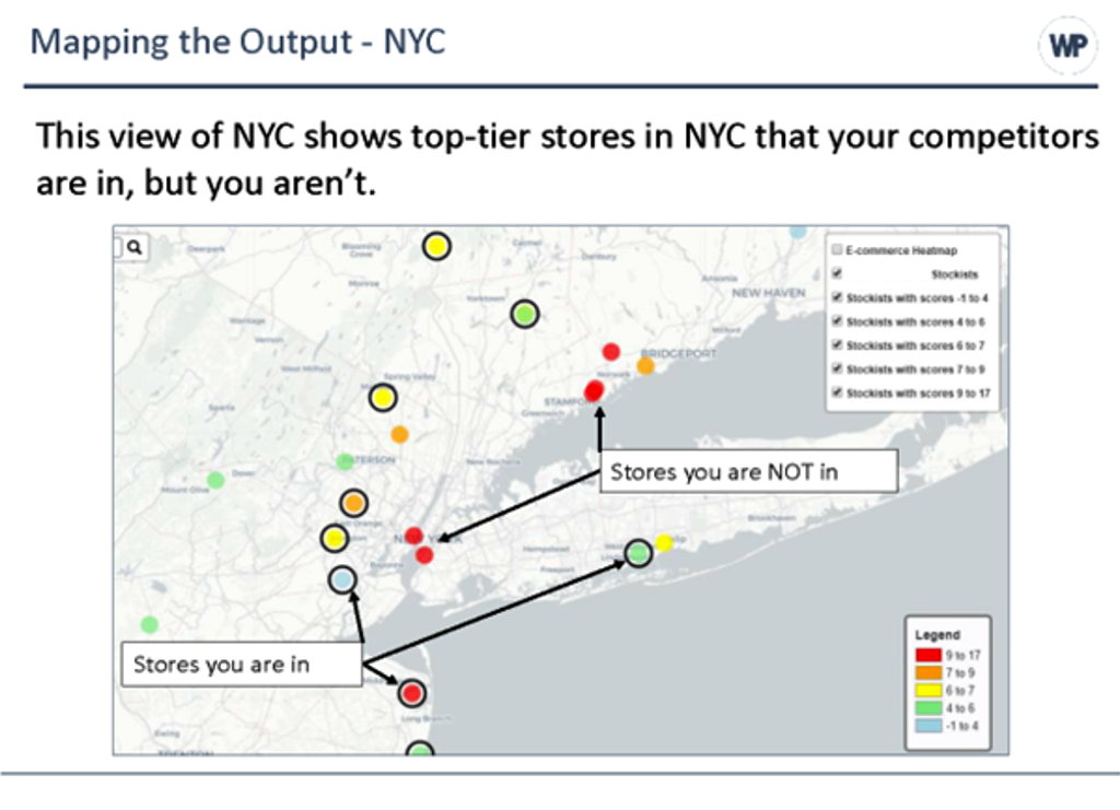 Webster Pacific map showing a retail fashion client a comparison of the stores in which they and their competitors are located.