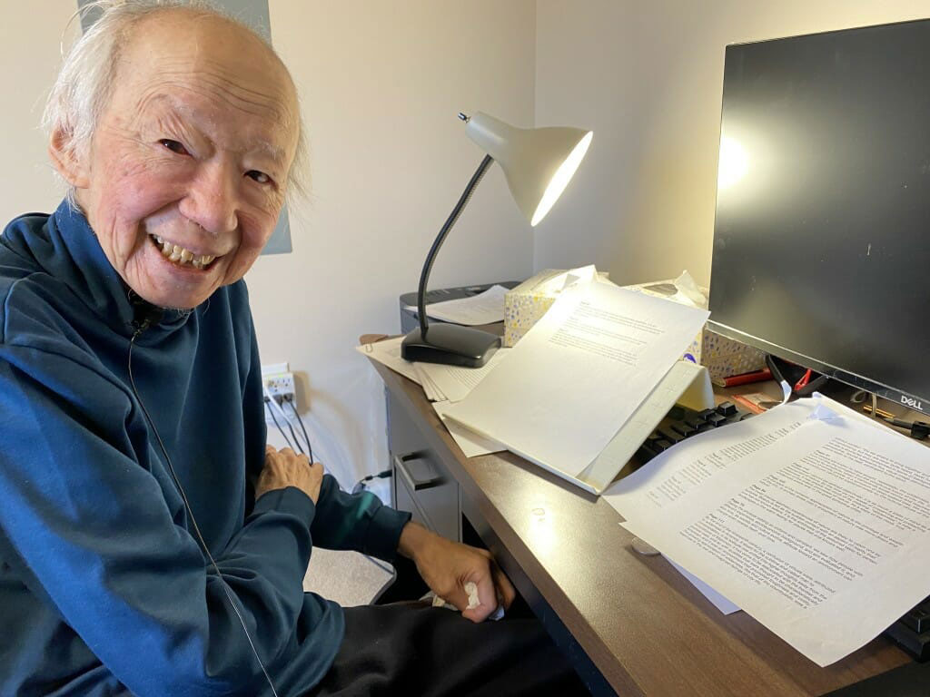 Yi-Fu Tuan in March 2022 during a break in filming with a Dutch film crew. His work introducing and expanding the field of humanistic geography is influential across the arts, humanities and social sciences, as well outside academia. Photo by Kris Olds