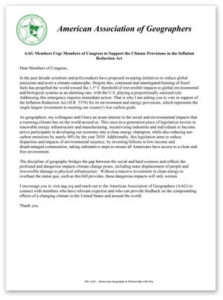Small graphic version of AAG letter from members to U.S. Congress asking for support for the climate provisions in the Inflation Reduction Act