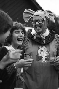 Photo of William Laatsch wearing a mouse costume for the annual fall Bill Laatsch Wine and Cheese Classic, courtesy University of Wisconsin library digital archives