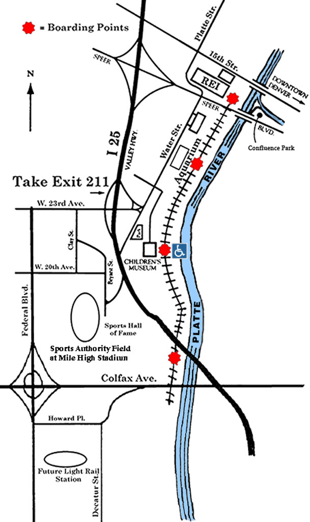 Map showing the Denver Trolley route starting at Confluence Park in downtown Denver and hugging the Platte River Greenway. Credit: Denver Trolley