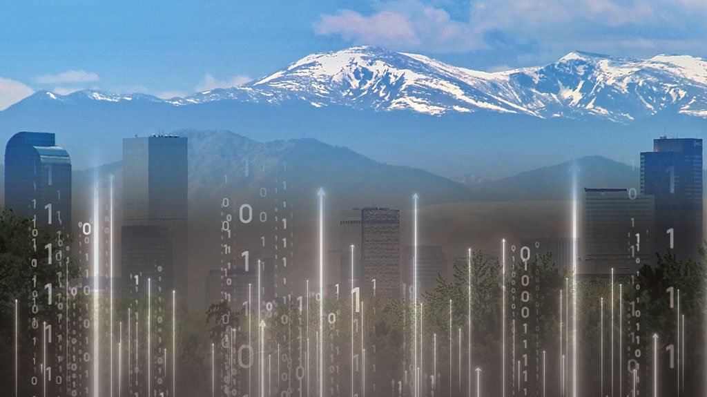 AAG 2023 logo of virtual network lines superimposed on a photo of the Denver skyline with the Rocky Mountains in the background