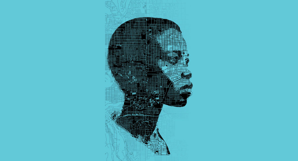 2023 Race Ethnicity Place conference logo showing an African-American person's profile integrated with map lines