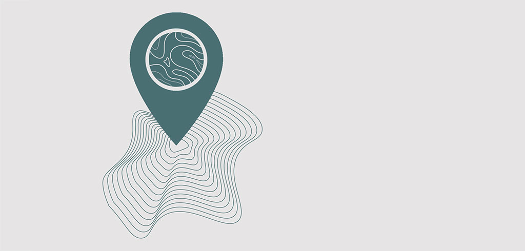 Graphic showing a map point on a small patch of topographic lines; source: trubel&co