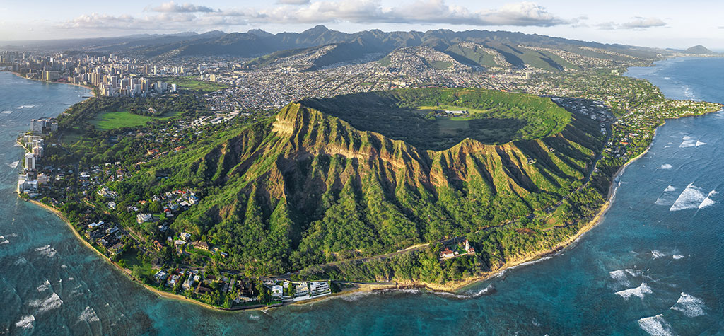 Aerial view of Diamond Head crater in Oahu Hawaii