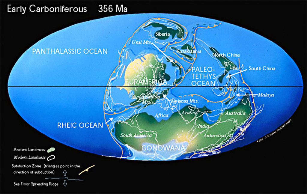 Illustration showing Earth in the Early Carboniferous period by Christopher Scotese