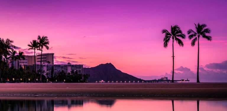 A view of the beach and palm trees of Honolulu Hawaii with a vivid fuscia sunset