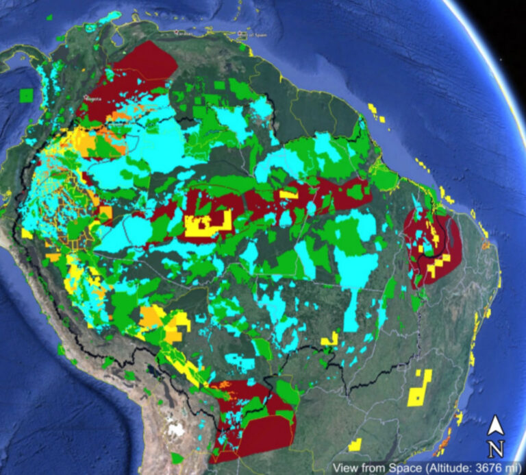 Map of South America showing priority zones of Indigenous territory and conservation area, as well as proposed and existing development and fossil fuel reserves.