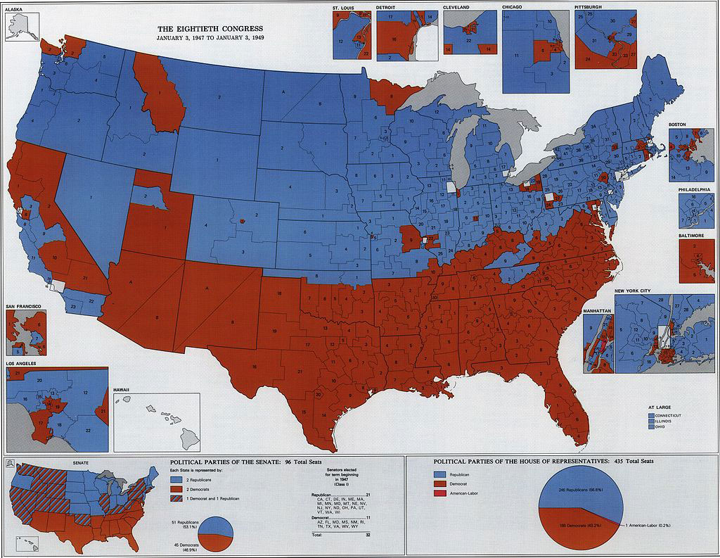 Ken Martis created the map to visualize the political party division of the 80th Congressional Congress.