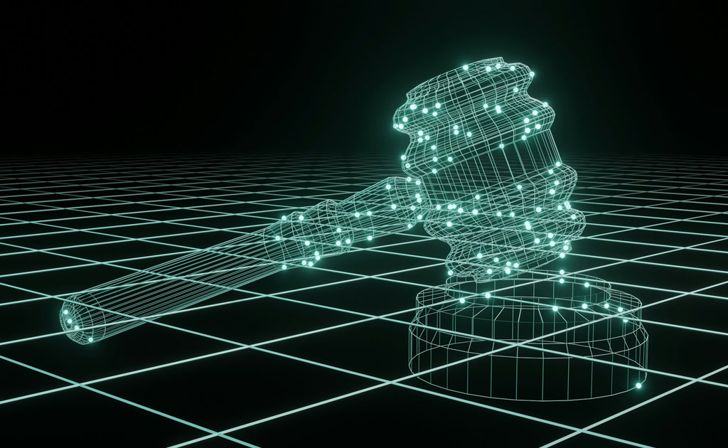 Image of digital dots and lines forming a gavel on a desk. Credit: Conny Schneider, Unsplash