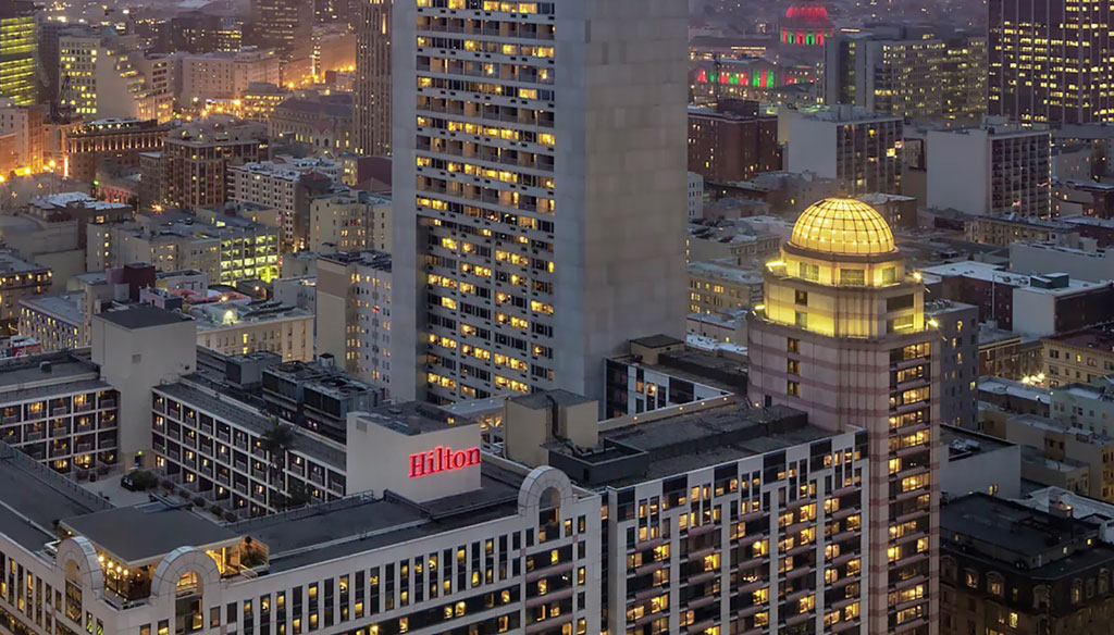 Evening aerial view of Hilton San Francisco Union Square