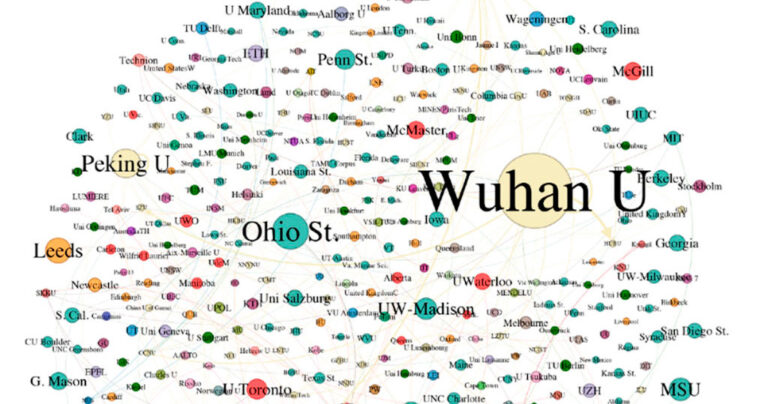 Portion of word cloud graphic showing Wuhan University as the largest entity.