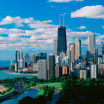 View of Chicago skyline showing Lincoln Park and Diversey Harbor