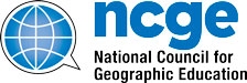 National Council for Geographic Education (NCGE) logo with comment icon surrounding a lined blue globe