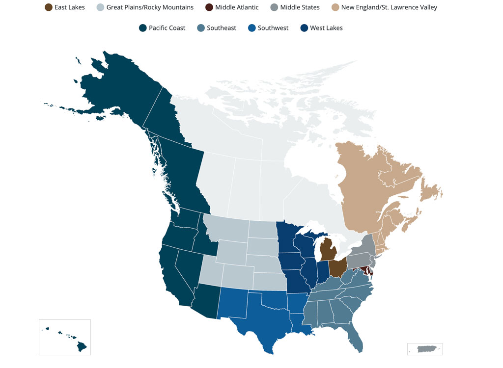 Map showing color-coded shapes including states and provinces in AAG's nine Regional Divisions