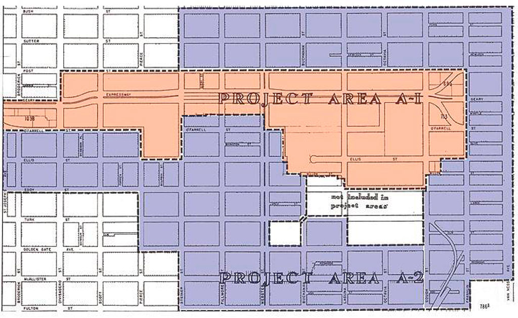 Map showing Western Addition redevelopment zones A-1 and A-2, which demolished 104 blocks and displaced thousands of residents. Credit: San Francisco Redevelopment Agency archives