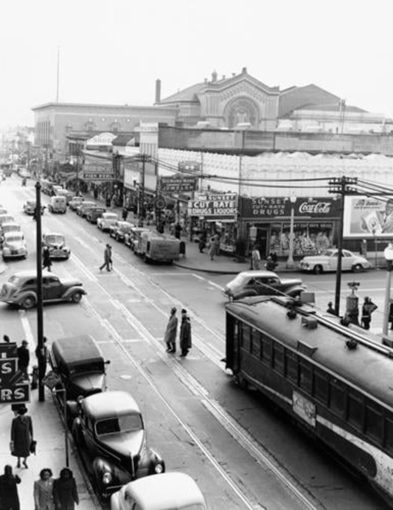 Black-and-white photo showing Fillmore Street, south of Post Street, late 1940s. The neighborhood’s dense grid and constant traffic fueled the energy of the "Harlem of the West." Credit: David Johnson