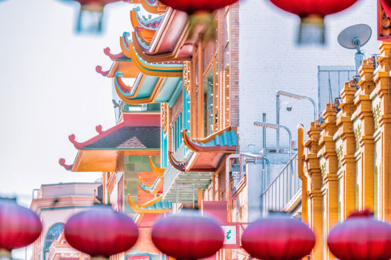 Lanterns are stung above the street in Chinatown in San Francisco.