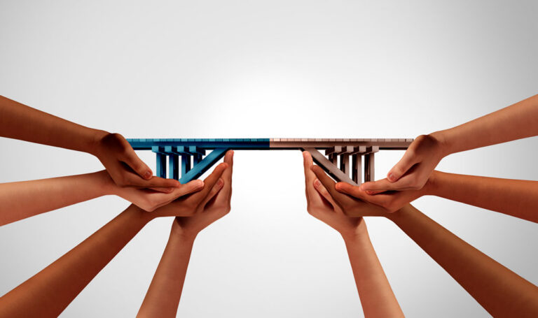 Illustration showing a group of diverse hands connecting to form a bridge.