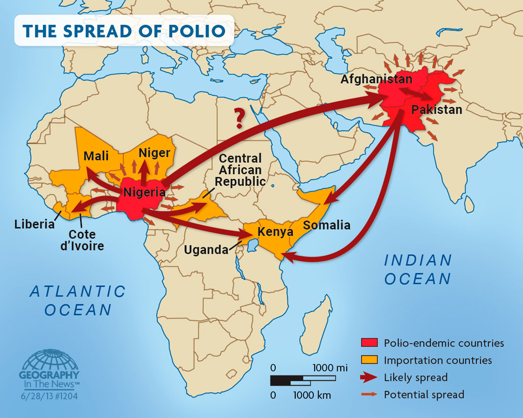 This map by Rachael Carpenter indicates that the spread of polio began with a concentration in Afghanistan, then jumped to Somalia, Kenya, and Nigeria. The disease spread to Nigeria’s African neighbors Cote d'Ivoire, Mali, Niger, Central African Republic, Uganda, and Liberia.