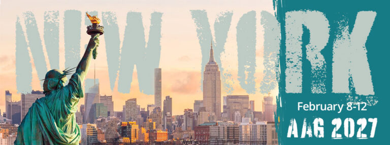 Graphic showing Statue of Liberty facing New York City skyline with words AAG 2027 in the background