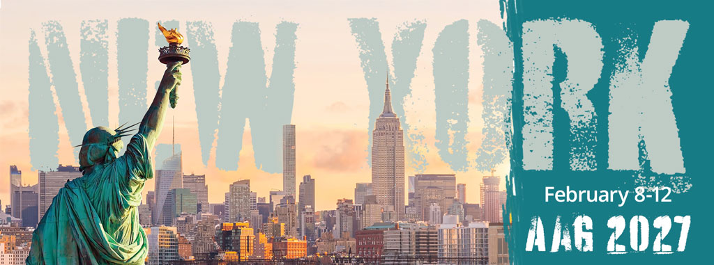 Graphic showing Statue of Liberty facing New York City skyline with words AAG 2027 in the background