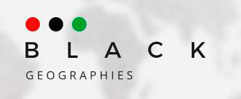 Black Geographies specialty group logo with red, black and green circles with a background map centered on Afraica
